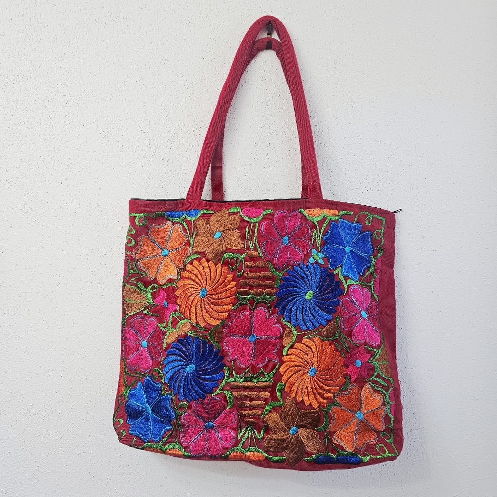 Embroidered Mexican Red Floral Handbag